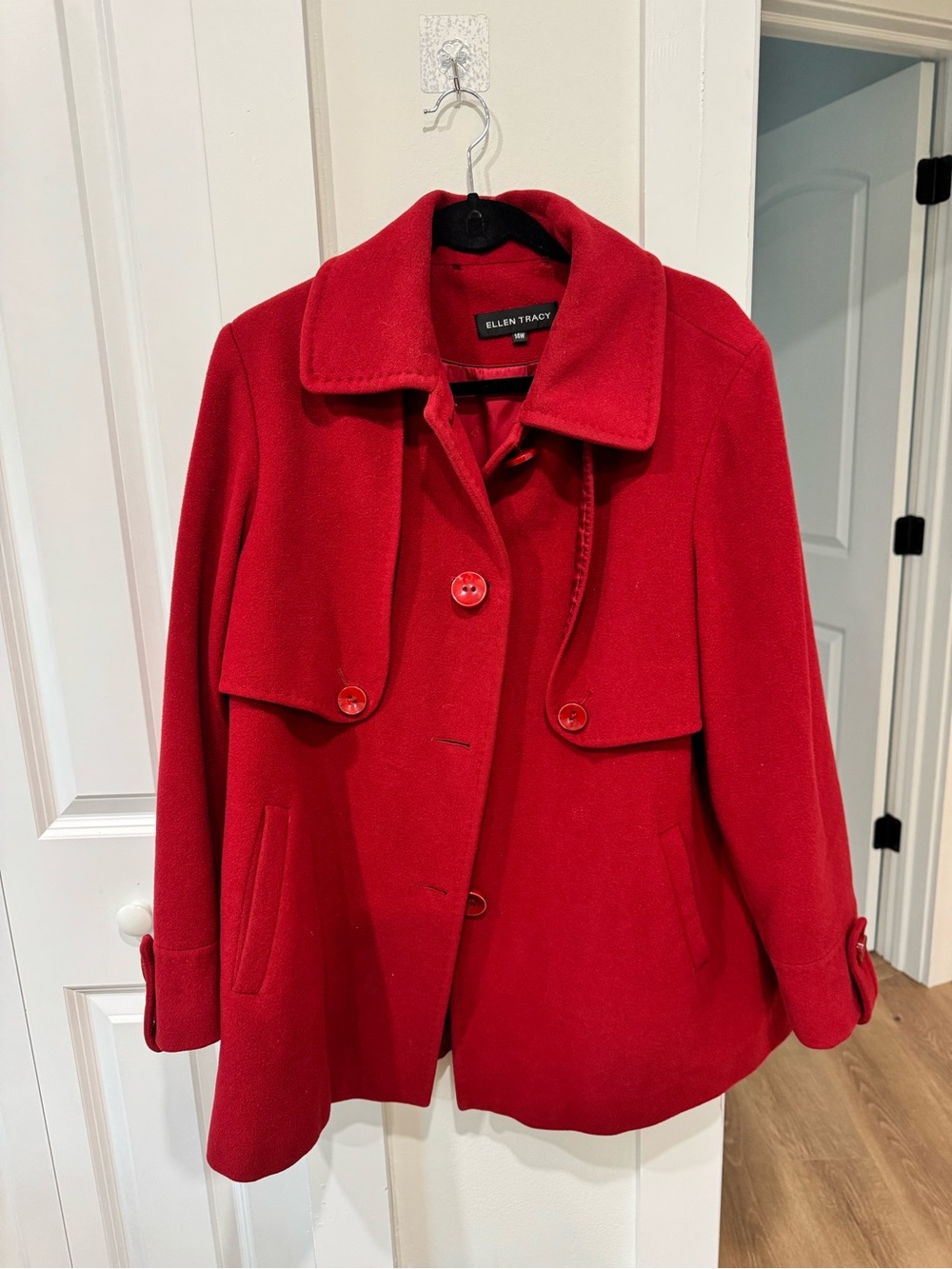 Ellen Tracy Red Wool-Blend Pea Coat